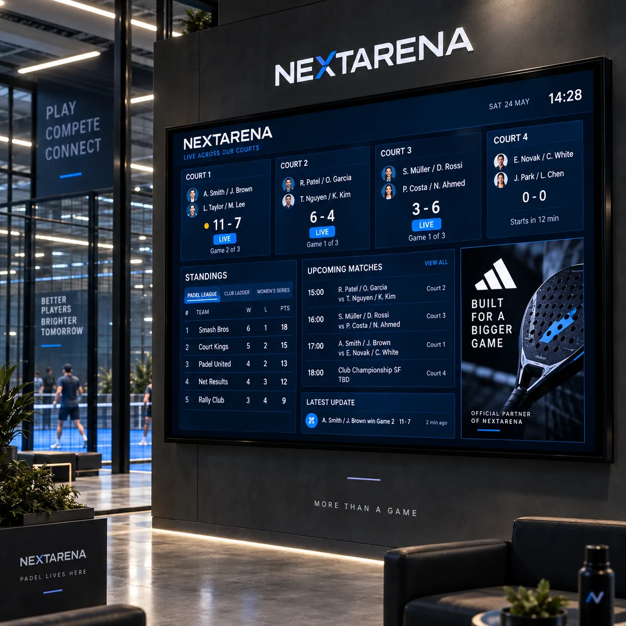 Arena Liveboard showing live pickleball scores and schedules at a venue