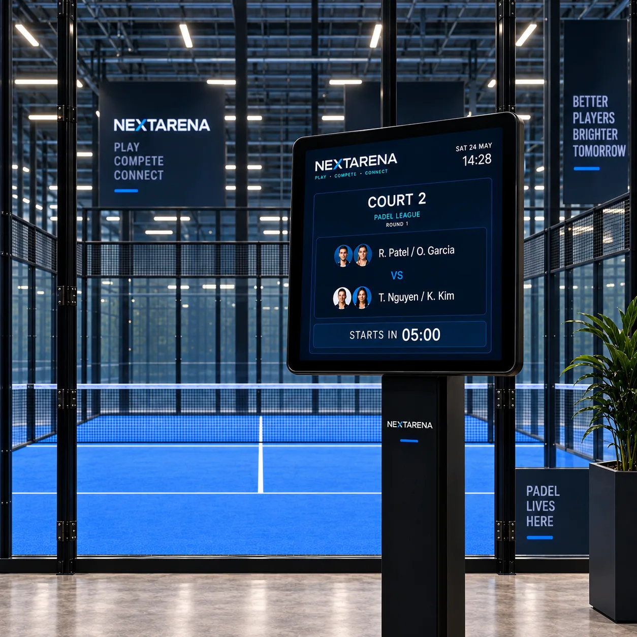 Court display showing a live padel score beside a court