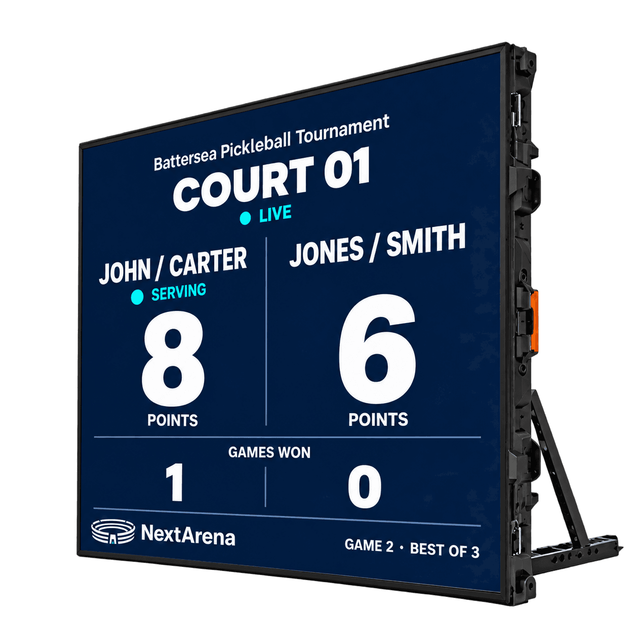 NextArena court score display showing a live pickleball doubles score