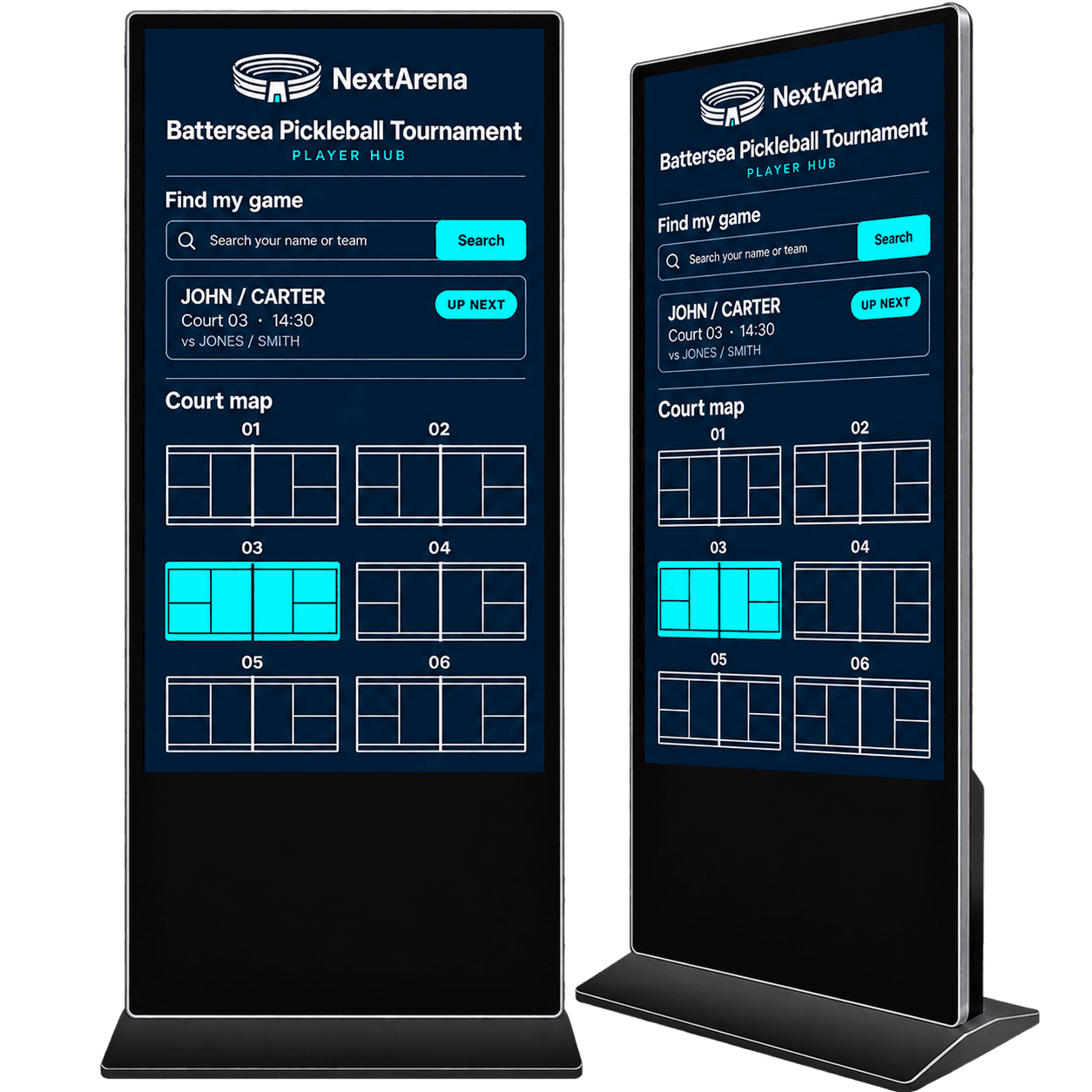 NextArena sports venue player hub kiosks showing event information and a court map