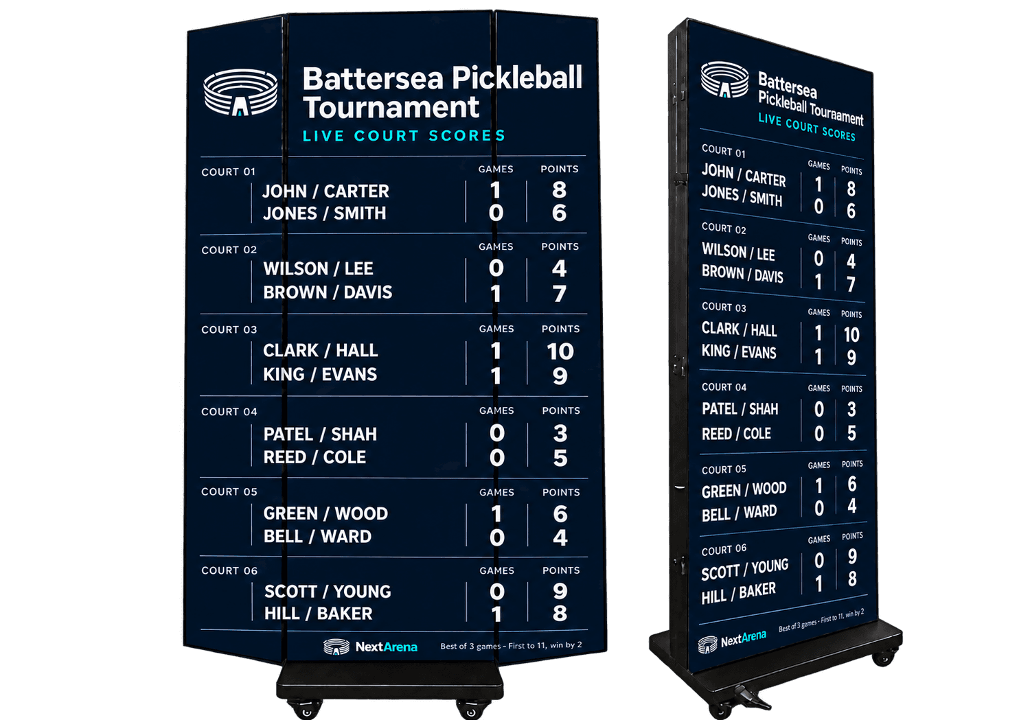 NextArena mobile sports liveboards showing live pickleball court scores