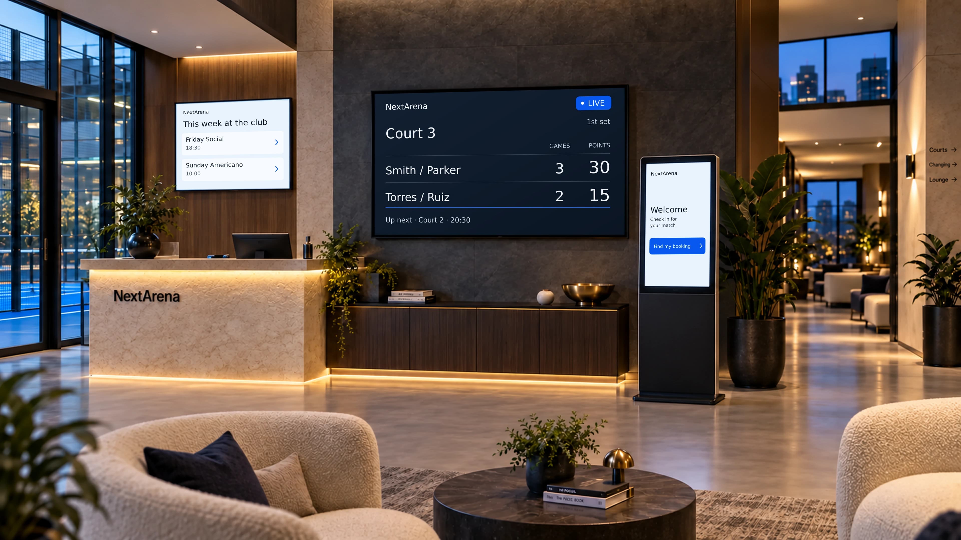 NextArena venue with live court display and player check-in kiosk