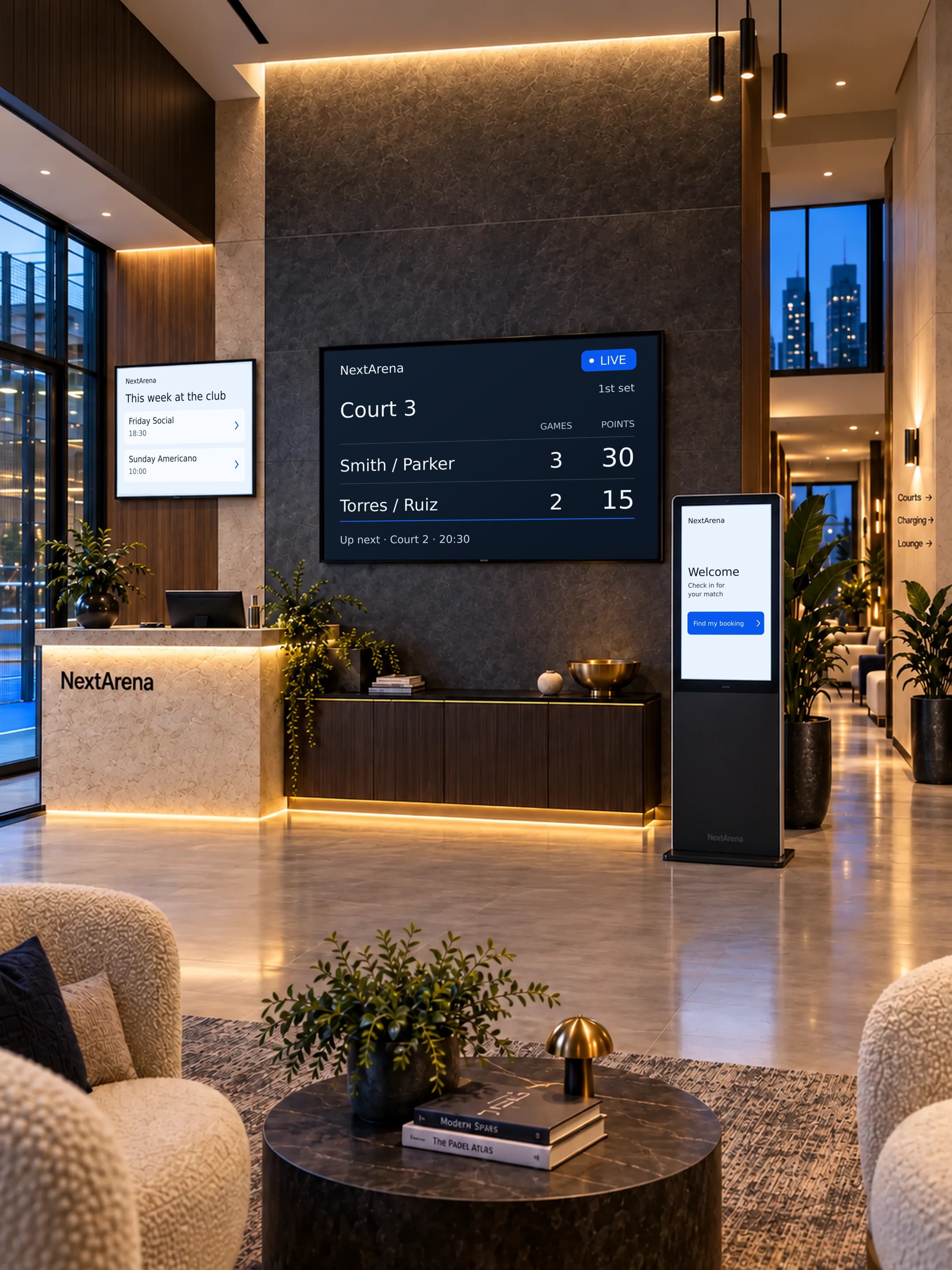 NextArena venue with live court display and player check-in kiosk